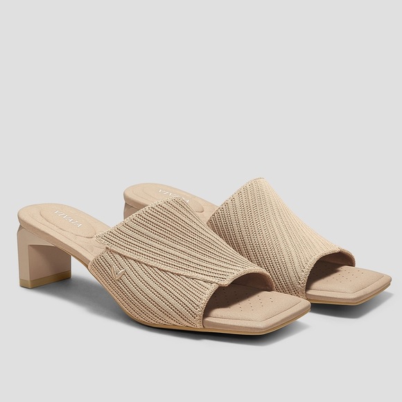 Vivaia Shoes - Vivaia Jade Pro Square-Toe Block Heel Nude Knit Slide Sandals size 38